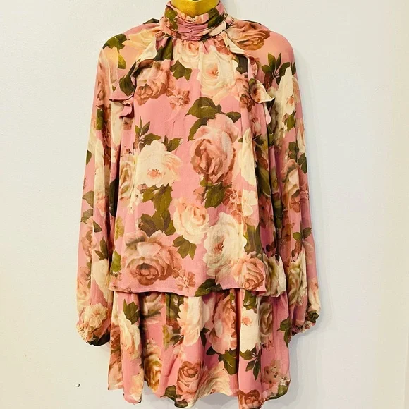 Blush Pink Floral Ruffle Mini Dress – Romantic fairy Size S - Picture 3 of 6